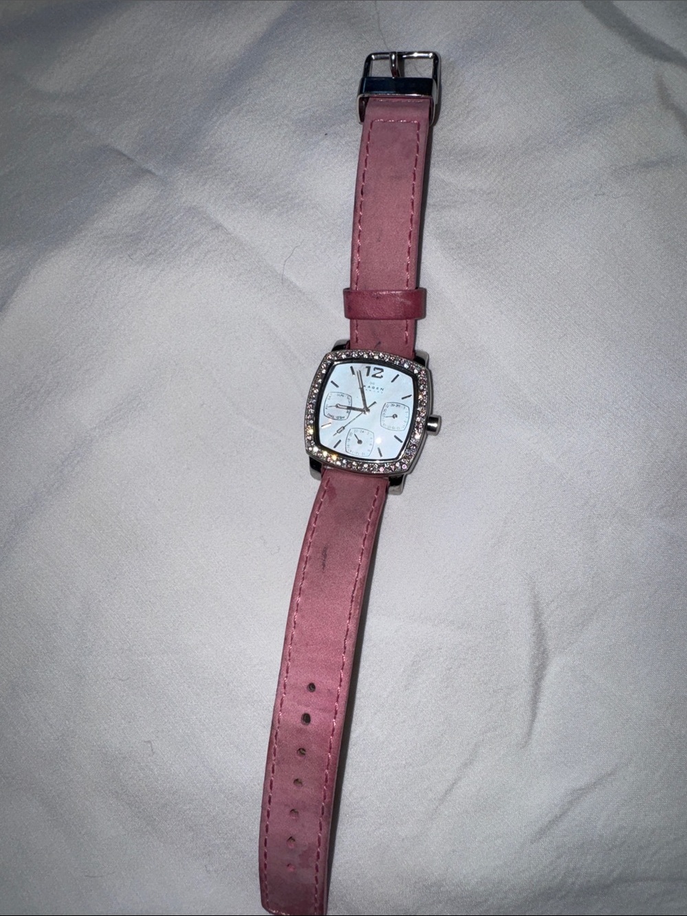 Skagen Pink Leather Strap Square Crystal Watch